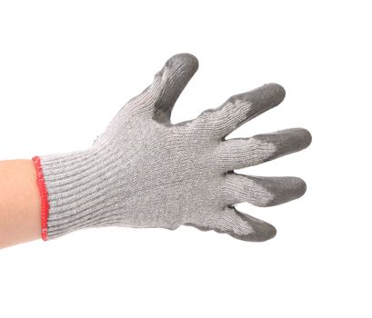 Hand in gloves shows five. Isolated on a white background.
