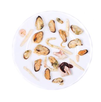 Mixed seafood plate. Isolated on a white background.
