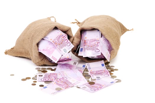 Bag of euro and coins. isolated on a white background