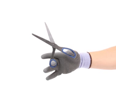 Hand holding scissors. Isolated on a white background.