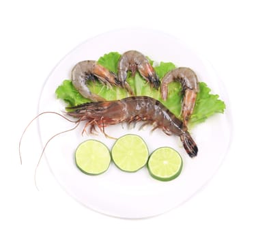 Raw shrimp on the plate. Isolated on a white background.