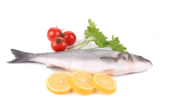 Raw seabass and vegetables. Isolated on a white background.
