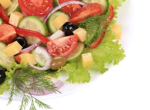 Greek salad with cheese. Isolated on a white background.