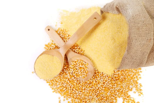 canvas bag with cornmeal. Isolated on a white background.