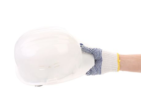 Hand holding white hard hat. Isolated on a white background.