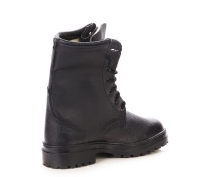 Leather black man's boot. Isolated on a white background.