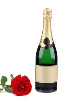 Champagne bottle and red rose. Isolated on a white background.