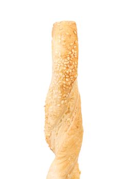 Cheese stick cracker with sesame seeds. Isolated on a white background.