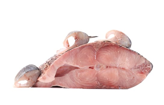 Fresh fish fillets closeup. Isolated on a white background.