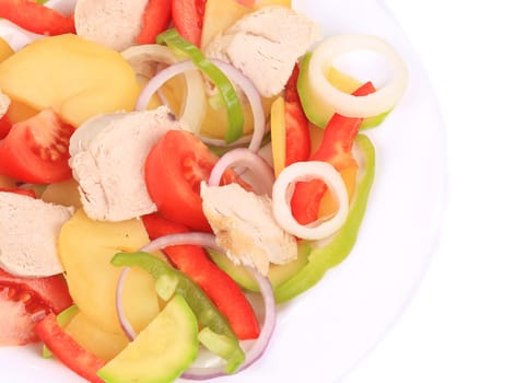 Chicken salad with potatoes. Isolated on a white background.