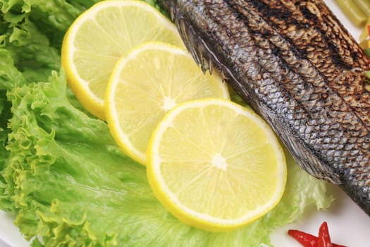 Grilled fish and lemons closeup. Isolated on a white background.