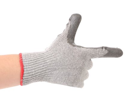 Hand in gloves shows one. Isolated on a white background.