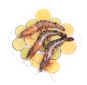 Raw black tiger shrimps and lemon slices. Isolated on a white background.