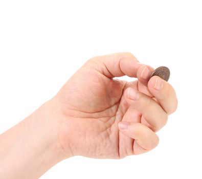 Coin in man hands. Isolated on a white background.