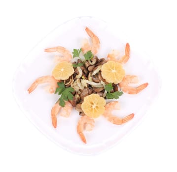 Shrimp salad with lemons and mushrooms. Isolated on a white background.