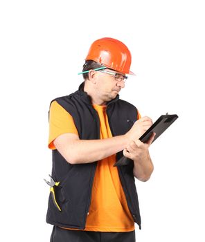 Worker with project. Isolated on a white background.