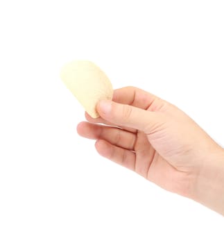 Hand holds potato chips. Isolated on a white background.