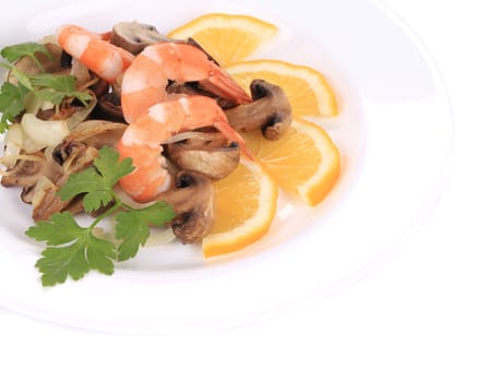 Shrimp salad with lemons and mushrooms. Isolated on a white background.
