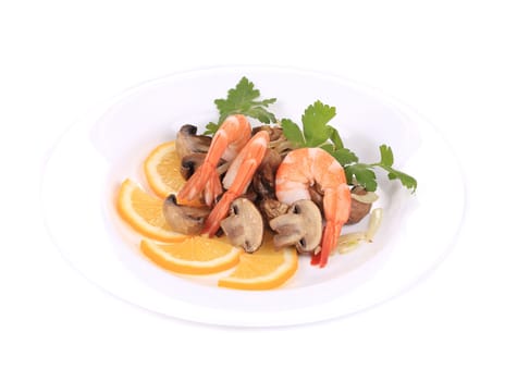 Shrimp salad with lemons and mushrooms. Isolated on a white background.