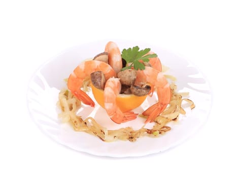Shrimp salad with mushrooms. Isolated on a white background.