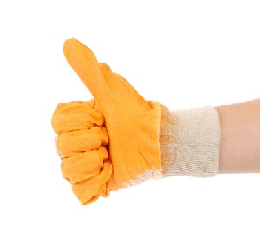 Worker glove thumbs up. Isolated on a white background.
