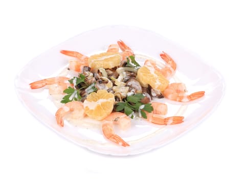 Shrimp salad with mushrooms and lemons. Isolated on a white background.