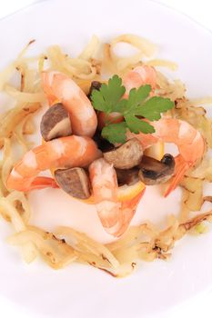 Shrimp salad with mushrooms and onions. Isolated on a white background.
