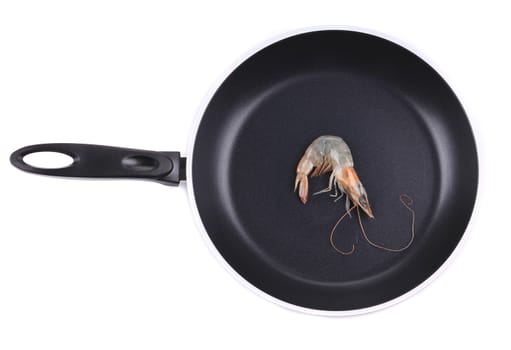 Freshwater prawn on frying pan. Isolated on a white background.