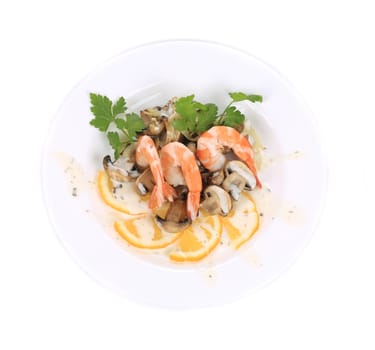 Shrimp salad with mushrooms and white sauce. Isolated on a white background.