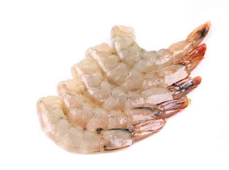 Peeled raw prawns. Isolated on a white background.