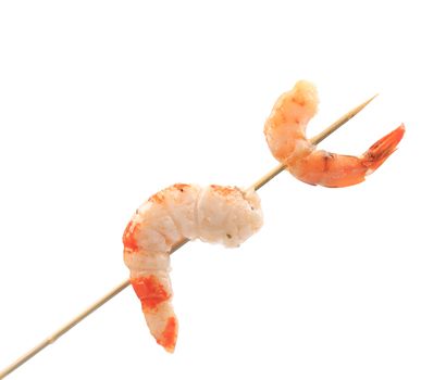 Boiled shrimps on skewer. Isolated on a white background.