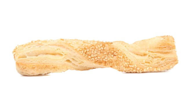 Cheese stick cracker with sesame seeds. Isolated on a white background.