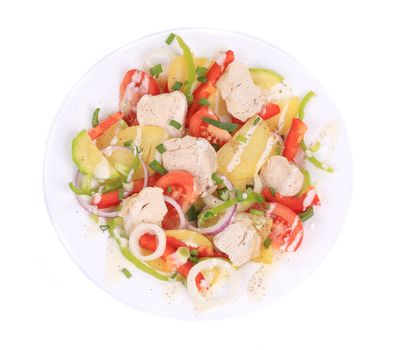 Chicken salad with potatoes Isolated on a white background.