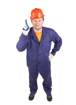 Worker in blue uniform show one. Isolated on a white background.