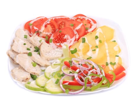 Chicken salad with potatoes. Isolated on a white background.