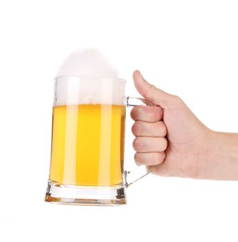 Hand with a beer glass. Isolated on a white background.