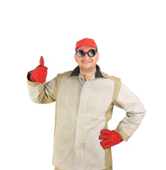Welder in red cap show thumbs up. Isolated on a white background.