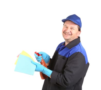 Smiling cleaner with sponges. Isolated on a white background.