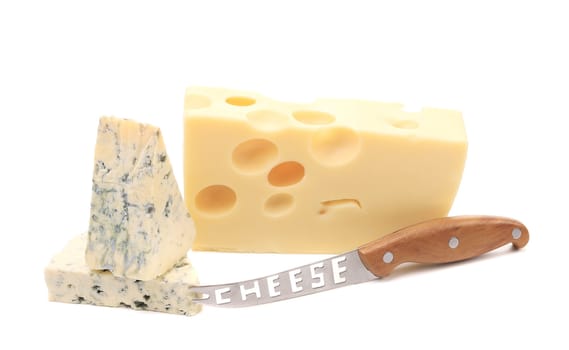 Cheese and knife. Isolated on a white background.