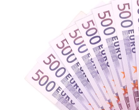 Five hundred euro notes aligned. Isolated on a white background.