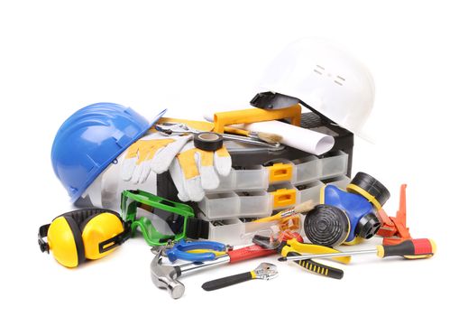 Safety gear kit with tool box. Isolated on a white background.