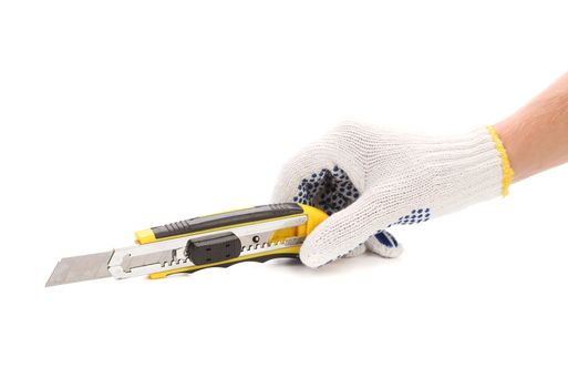 Hand in gloves holding knife. Isolated on a white background.