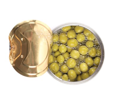 Tin can with green peas. Isolated on a white background.