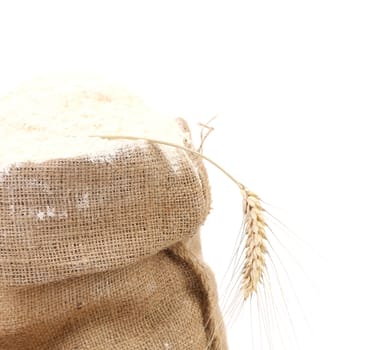 Whole flour in bag with wheat ears. Isolated on a white background.