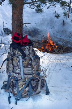 campaign backpacks in the winter wood