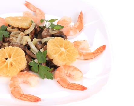 Shrimp salad with lemons and mushrooms. Isolated on a white background.
