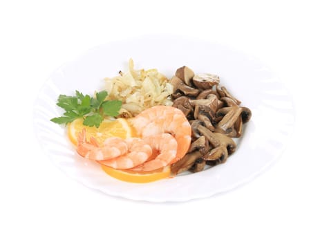 Shrimp salad with lemons and mushrooms. Isolated on a white background.