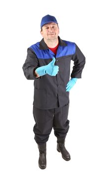 Man in blue gloves show thumb up. Isolated on a white background.