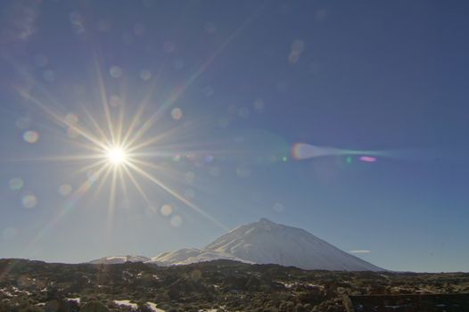 Hdr Picture Backlight Sunbeams and Snow on Teide Tenerife Canary Islands