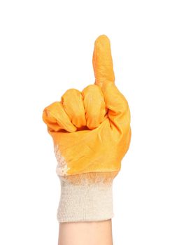 Hand in rubber glove shows one. Isolated on a white background.